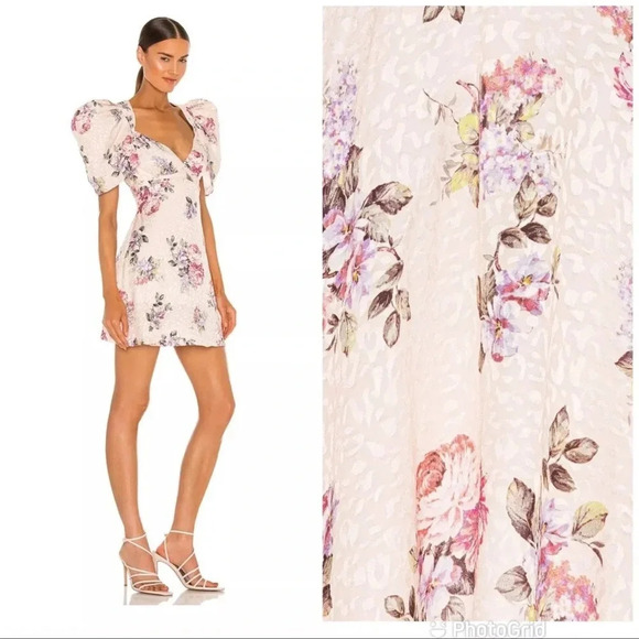 LPA Azra Mini Dress Puff Sleeve Ariel Pink Print Size XS - Picture 2 of 4